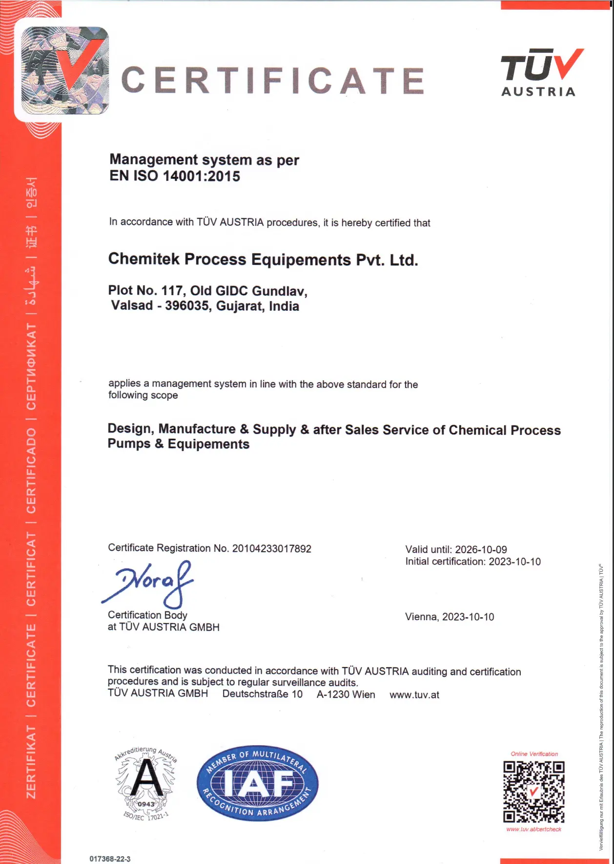 ISO 14001:2015 Certificate