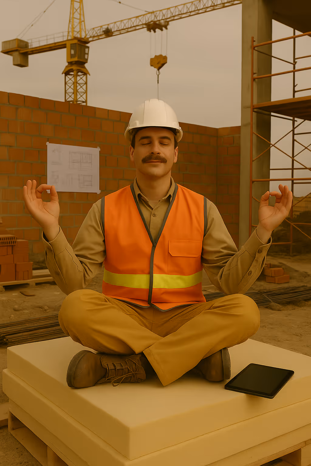 Project manager in yoga pose on construction site