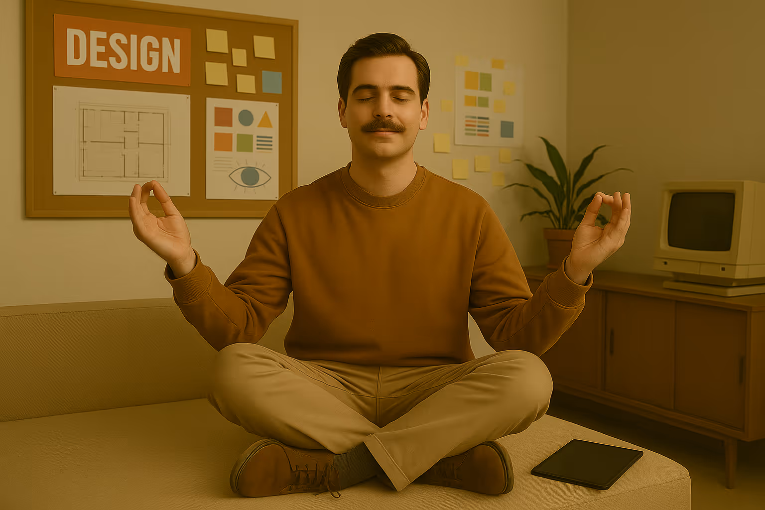 Designer sitting on a couch in yogo pose, very relaxed