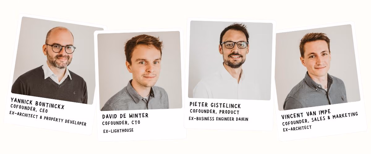 The four Ziggu co-founders Yannick Bontinckx, David De Winter, Pieter Gistelinck and Vincent Van Impe in polaroid-style portraits with their roles
