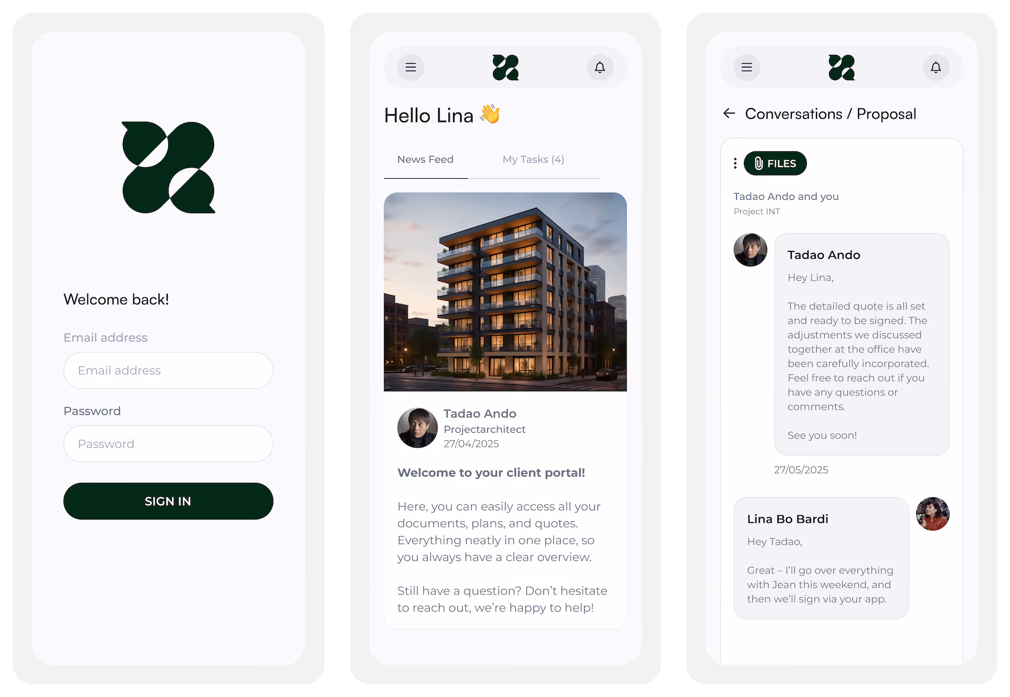 Un portail client à votre marque sur trois téléphones : écran de connexion, fil d'actualité avec photo de projet, et une conversation avec fichiers