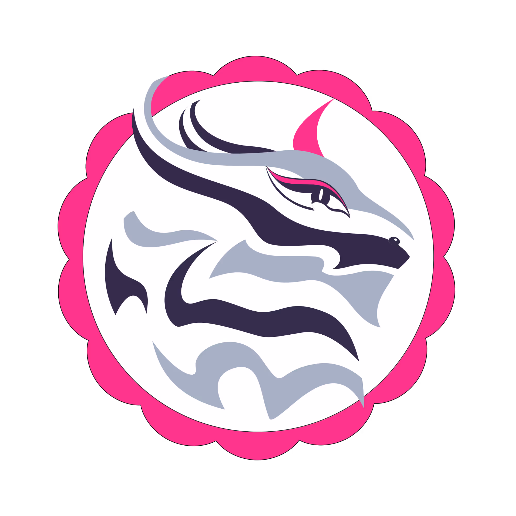 Abstraktes stilisiertes Drachenkopf-Logo mit schwarzen, grauen und pinken Linien in einem pinken Rand.