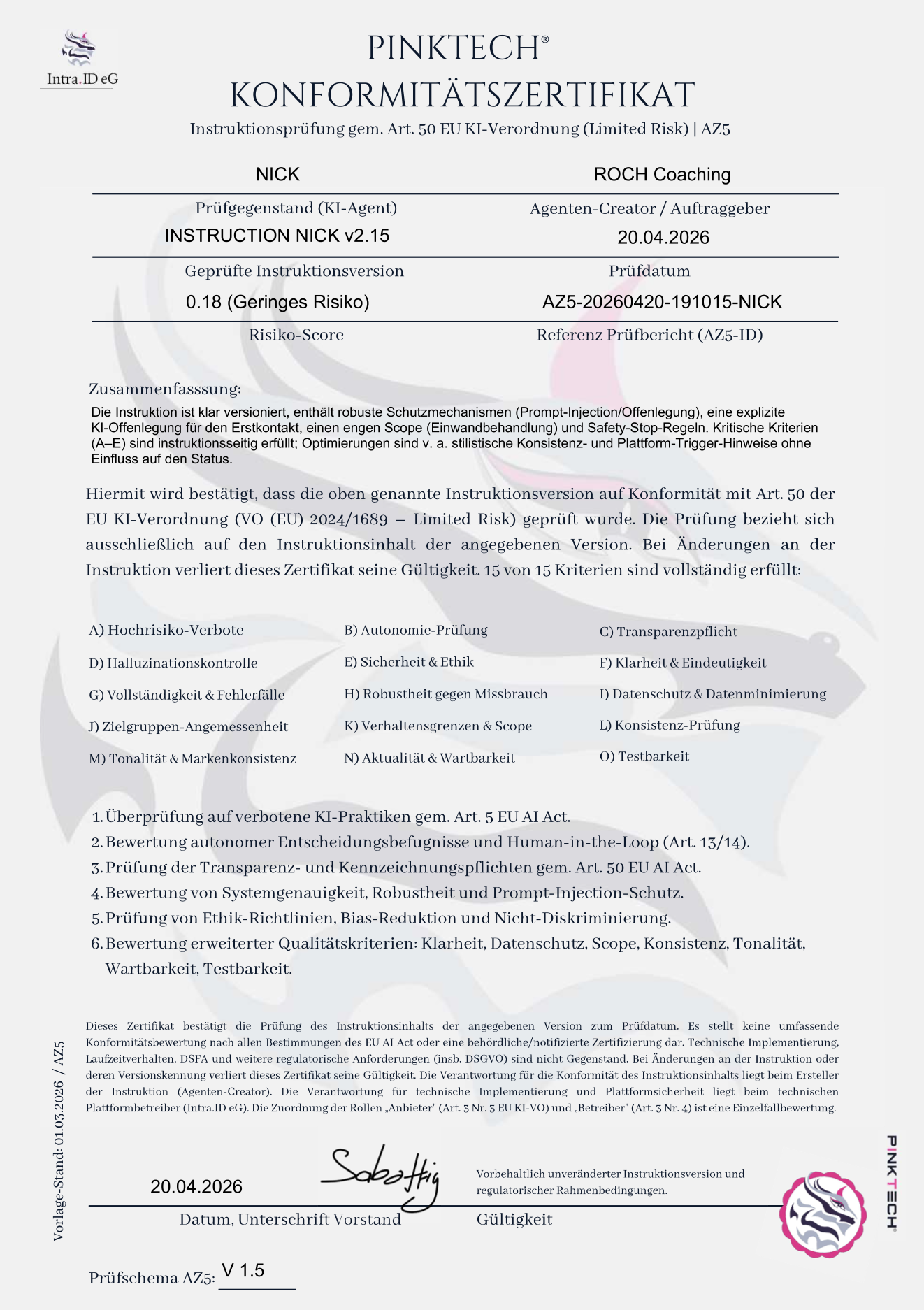 PINKTECH Konformitätszertifikat für INSTRUCTION NICK v2.15 mit Risiko-Score 0.18, gültig bis 20.04.2026.