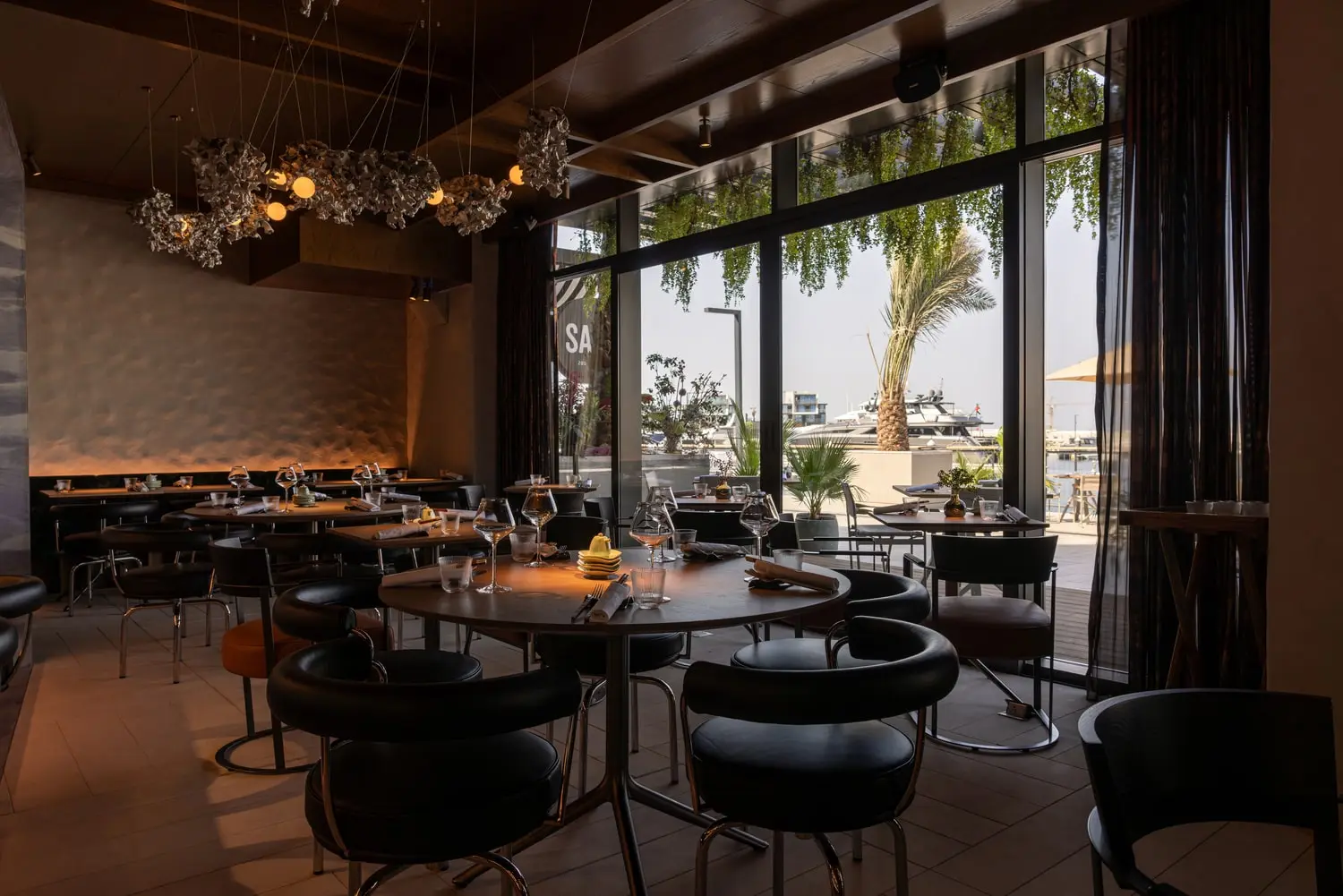Interior photo of the restaurant, facing the Marina