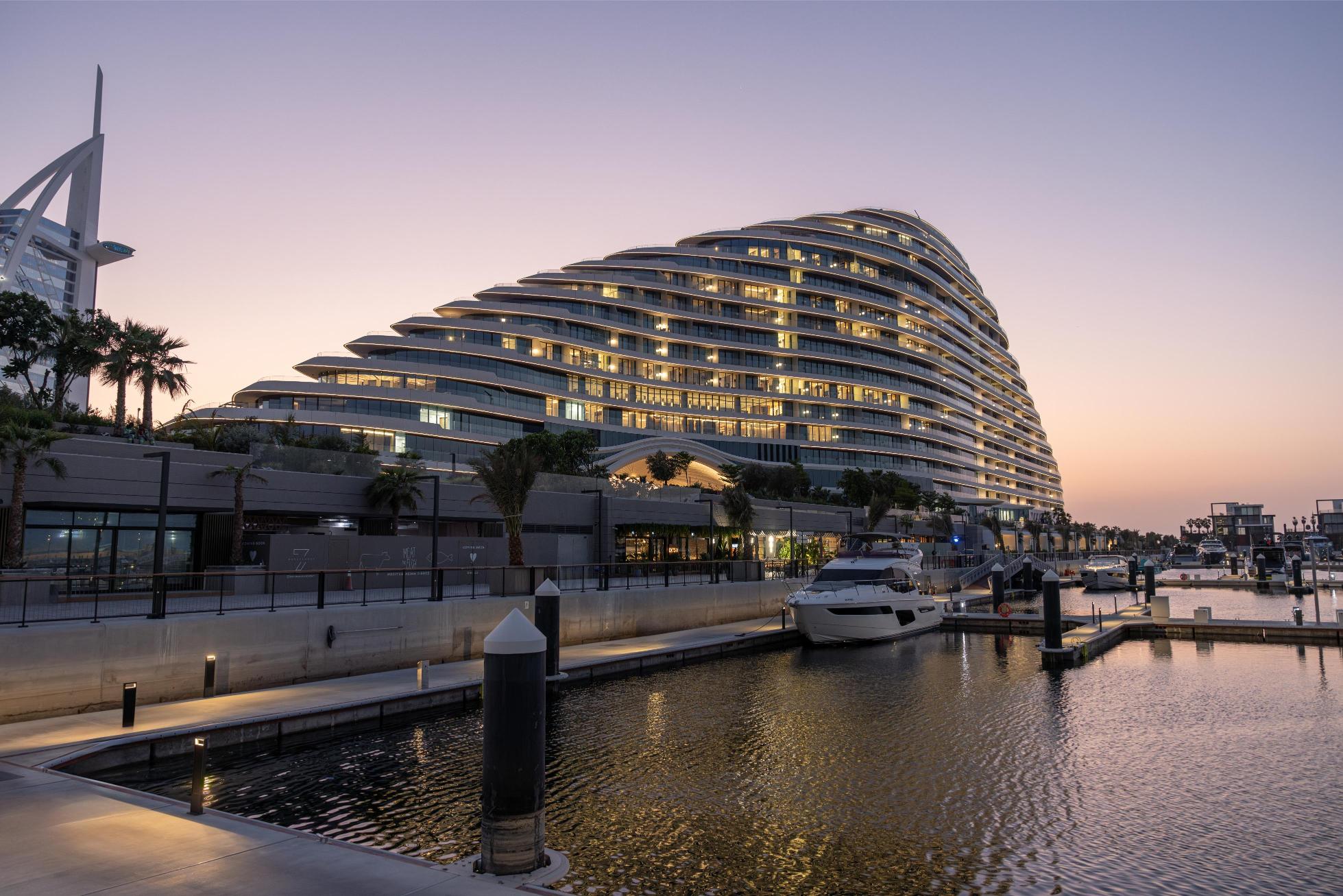 A view towards the Cutfish restaurant, overlooking the marina and hotel in the background