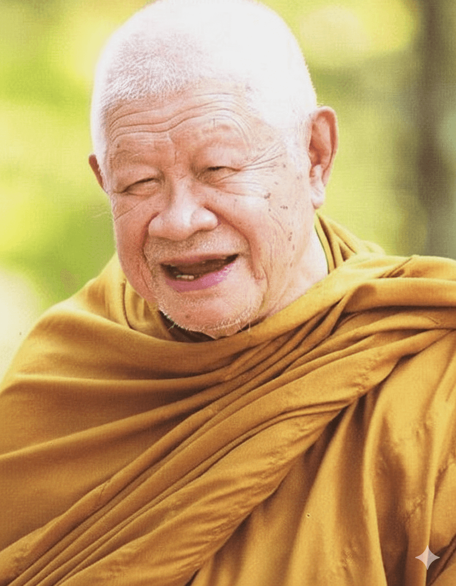 Elderly monk wearing a mustard yellow robe, smiling gently with eyes partially closed.