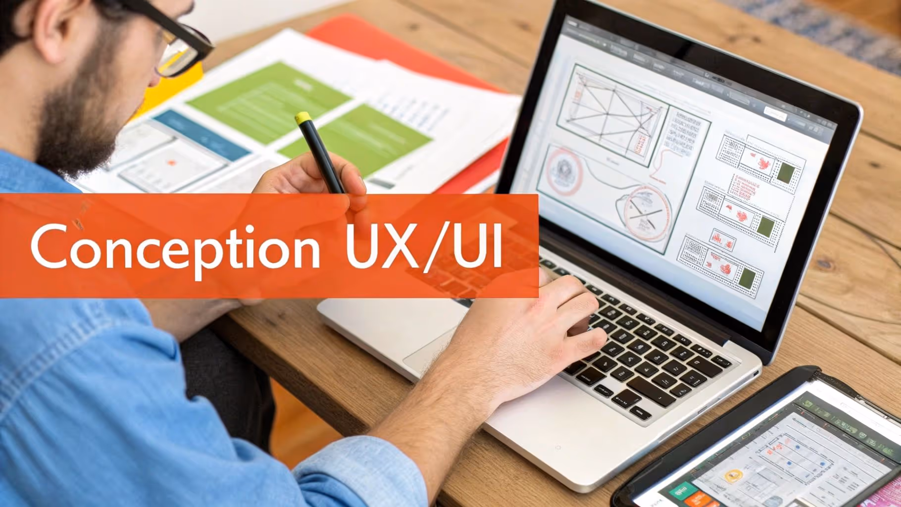 Une personne dessinant des wireframes sur une tablette, illustrant le processus de conception de l'expérience utilisateur.