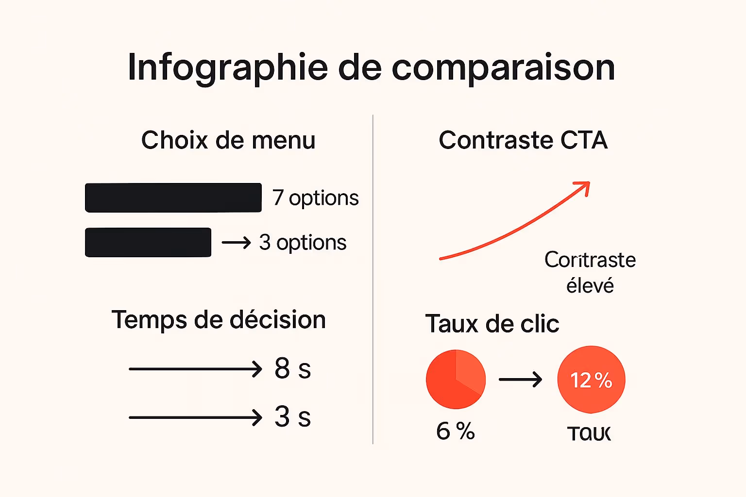 Infographie comparant l'impact de la réduction des choix de menu et de l'augmentation du contraste des CTA sur le temps de décision et le taux de clic.