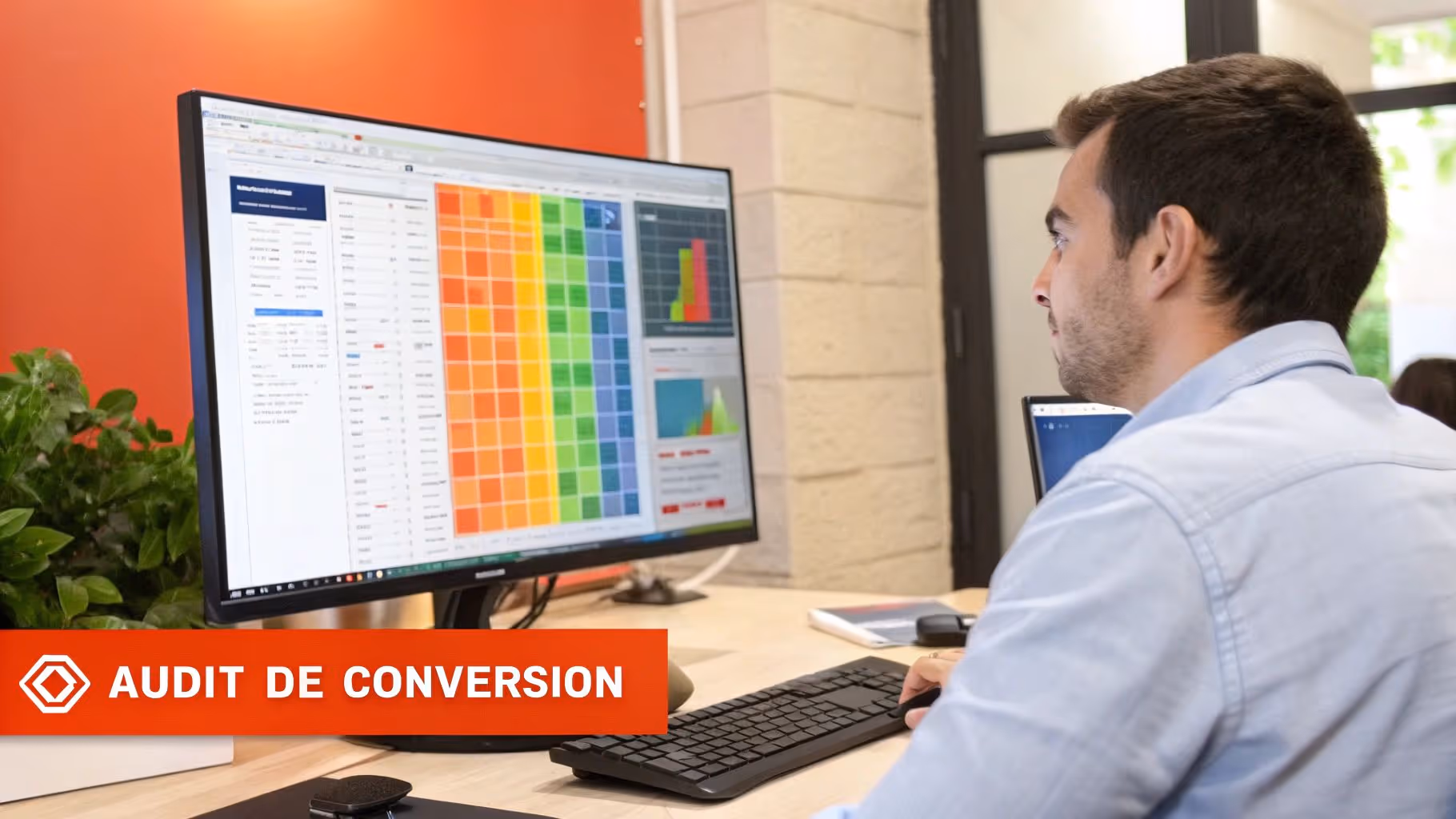 Personne utilisant une loupe pour examiner des graphiques sur un écran d'ordinateur, symbolisant l'audit d'un site Webflow pour trouver des fuites de conversion.