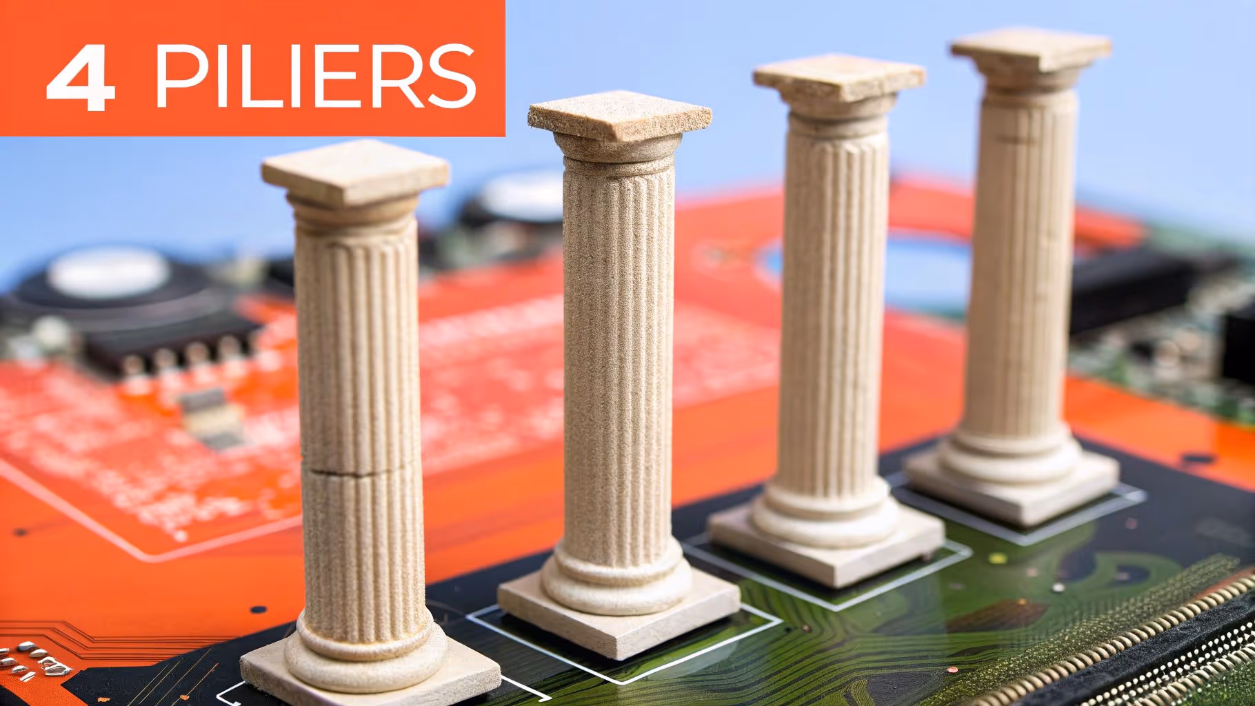 Quatre icônes représentant le SEO, la performance, le contenu et l'UX, disposées en grille symbolisant les piliers d'un audit