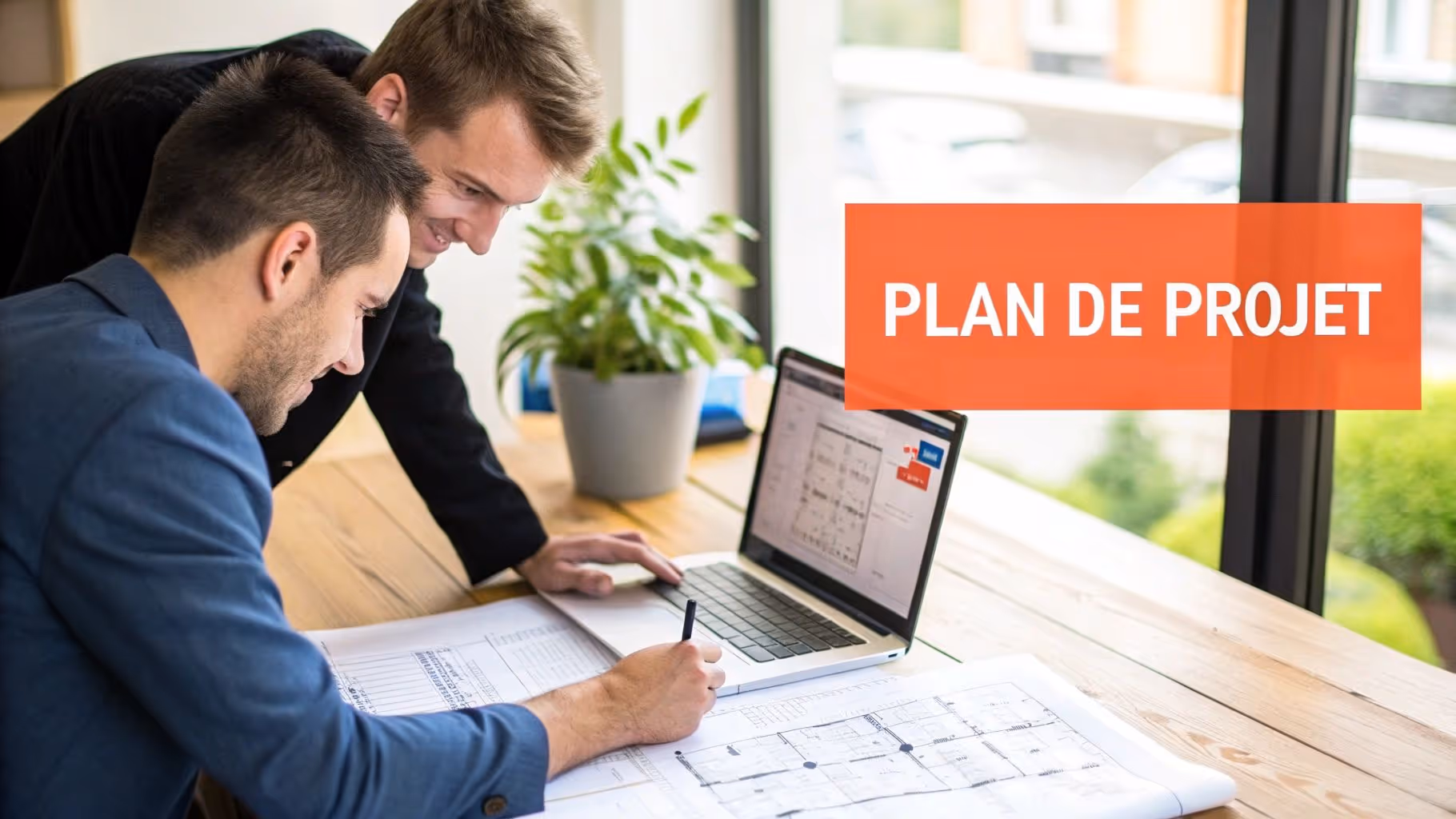 Personne écrivant un cahier des charges sur un bureau bien organisé