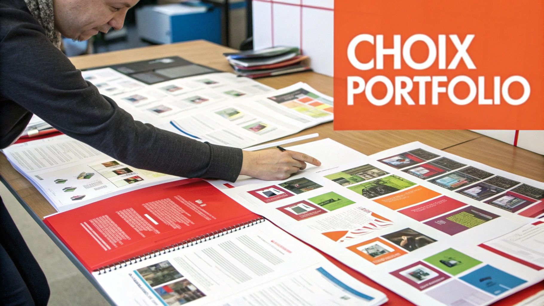 Vue plongeante sur un bureau de travail avec des croquis et un ordinateur portable, symbolisant le choix du bon format de portfolio.