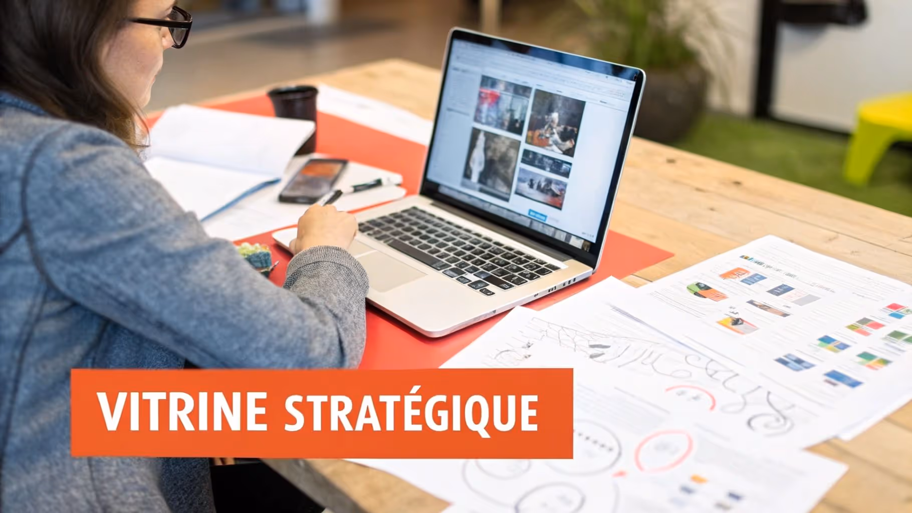 Personne organisant des éléments visuels sur un tableau, symbolisant la création d'un portfolio stratégique.