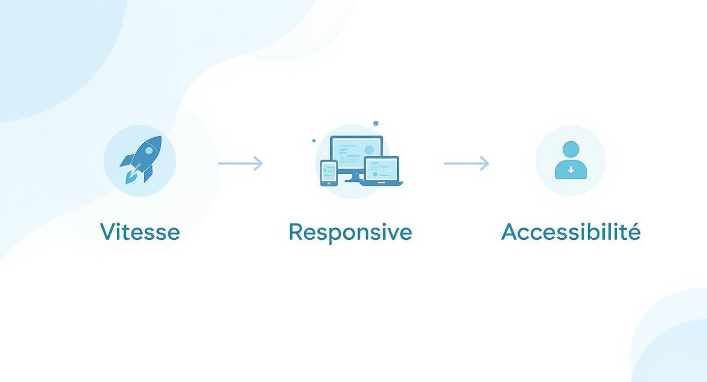 Infographie illustrant le processus de performance web avec des icônes pour la vitesse, le responsive design et l'accessibilité.