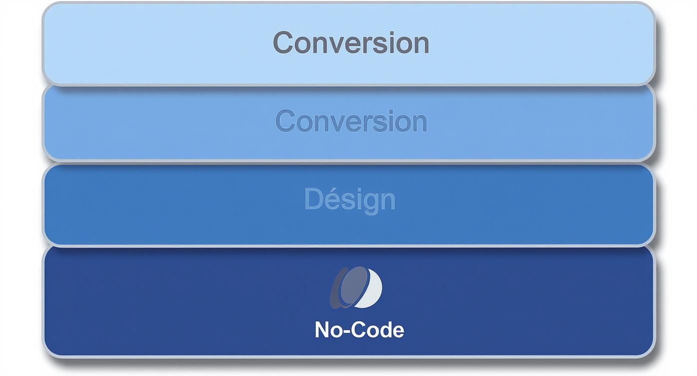 Infographie illustrant la hiérarchie de l'impact de Webflow, avec la Conversion au sommet, soutenue par le Design et fondée sur la plateforme No-Code.