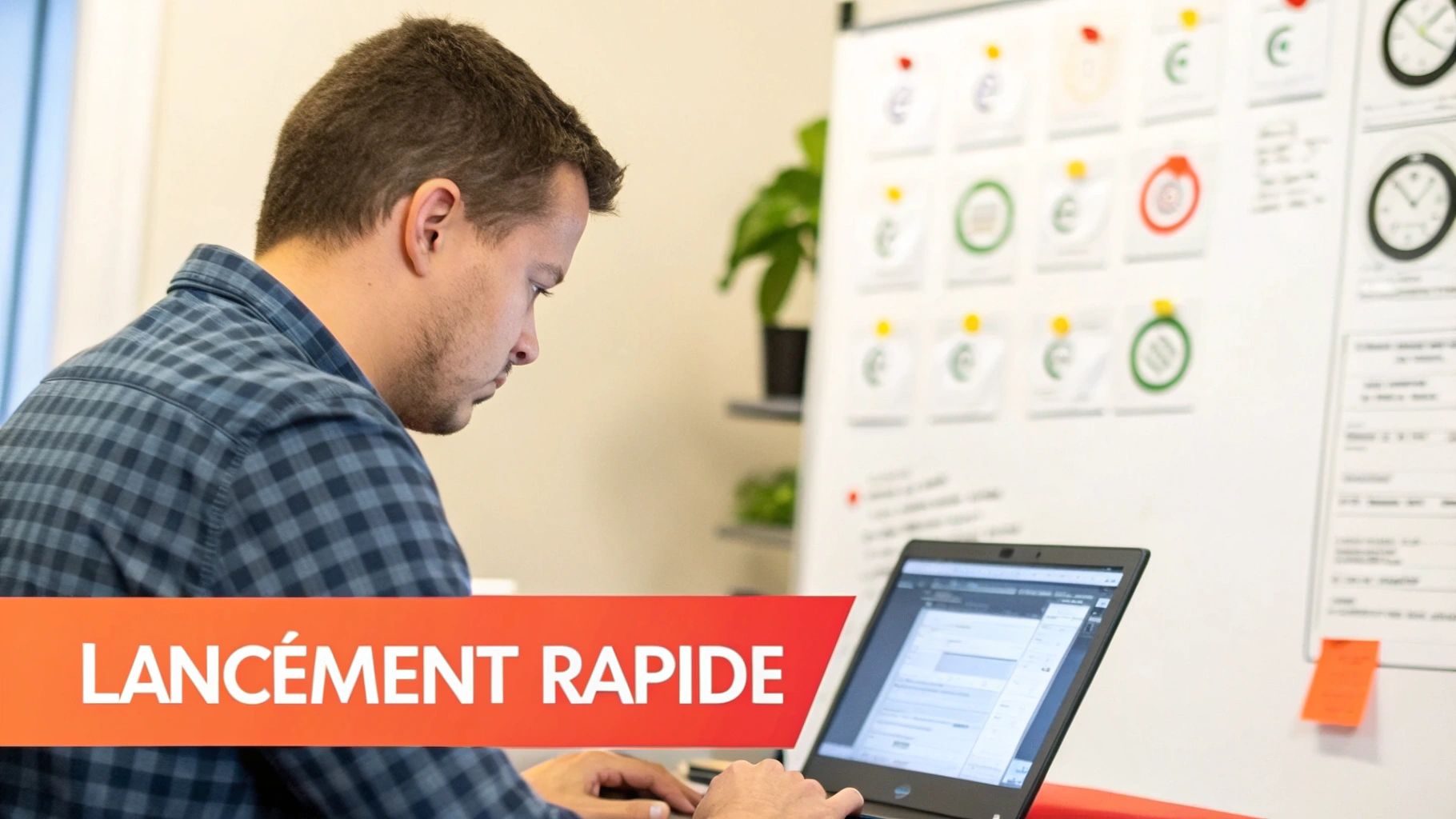 Une personne travaillant rapidement sur un ordinateur portable, avec des graphiques de performance en arrière-plan, illustrant la vitesse et l'efficacité.