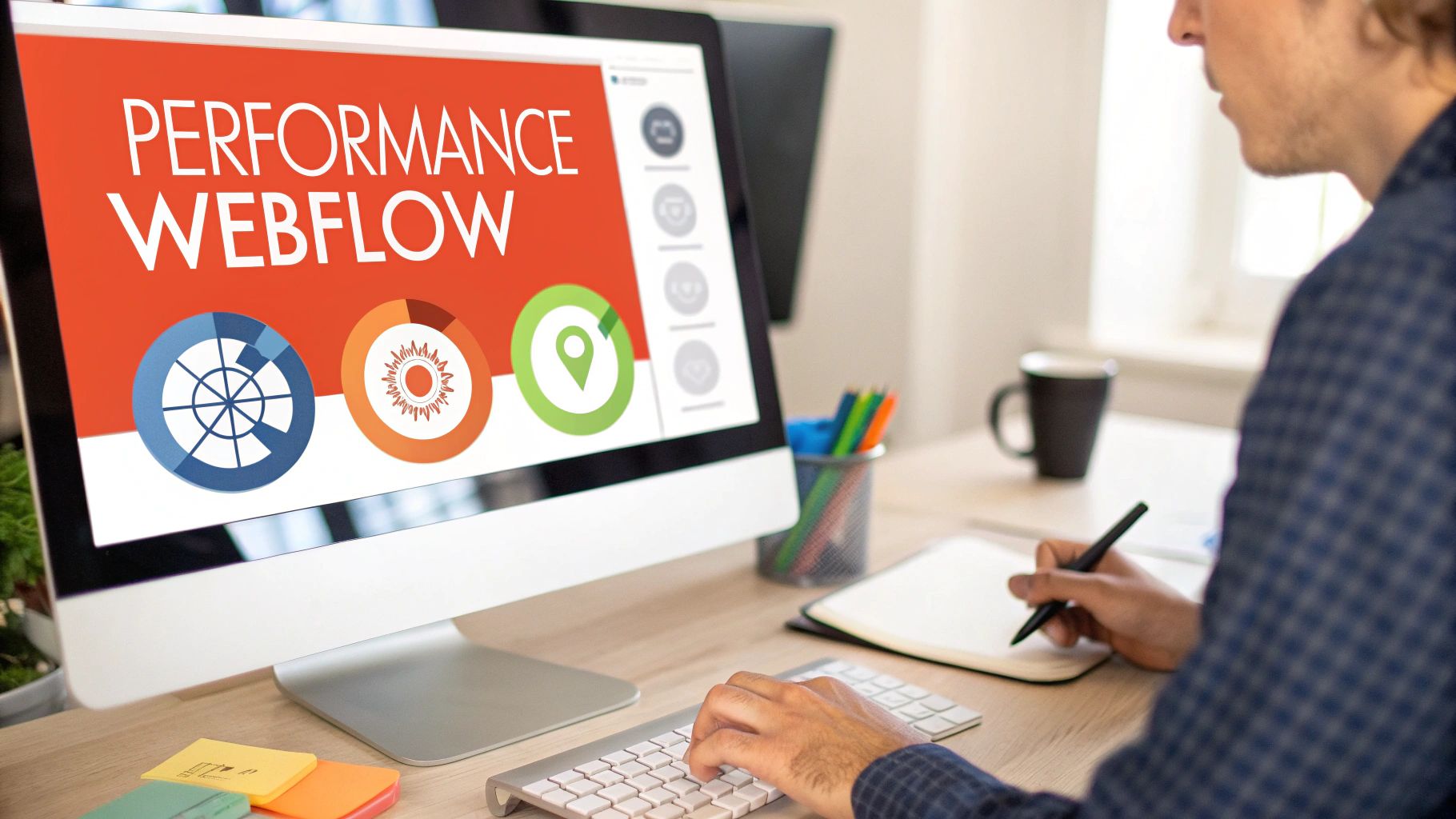 Une personne travaillant sur un ordinateur portable, symbolisant la construction d'un site Webflow performant.