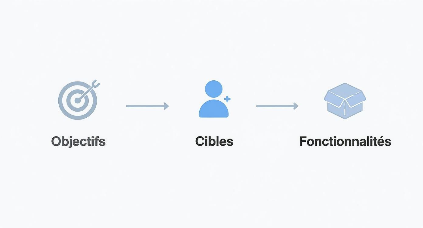 Infographie illustrant le processus de brief en trois étapes clés : définition des objectifs, identification des cibles et priorisation des fonctionnalités.