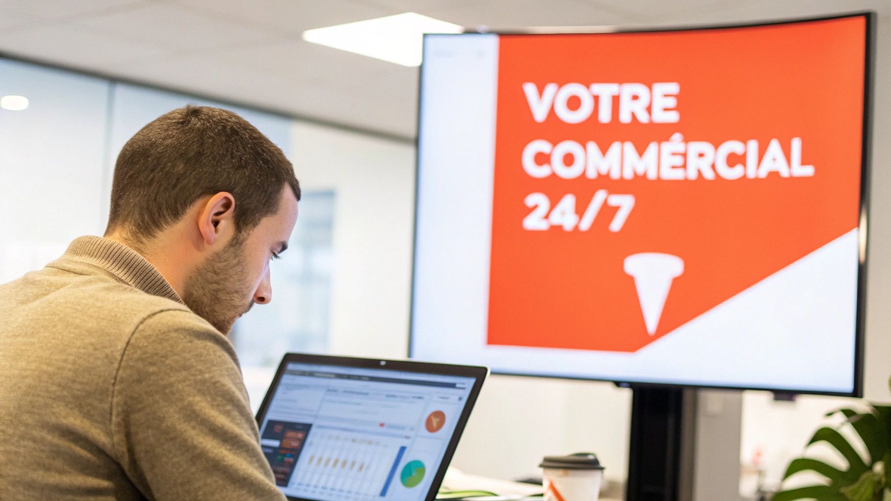 Un bureau de travail moderne avec un ordinateur portable affichant des graphiques de performance web, symbolisant la conversion.