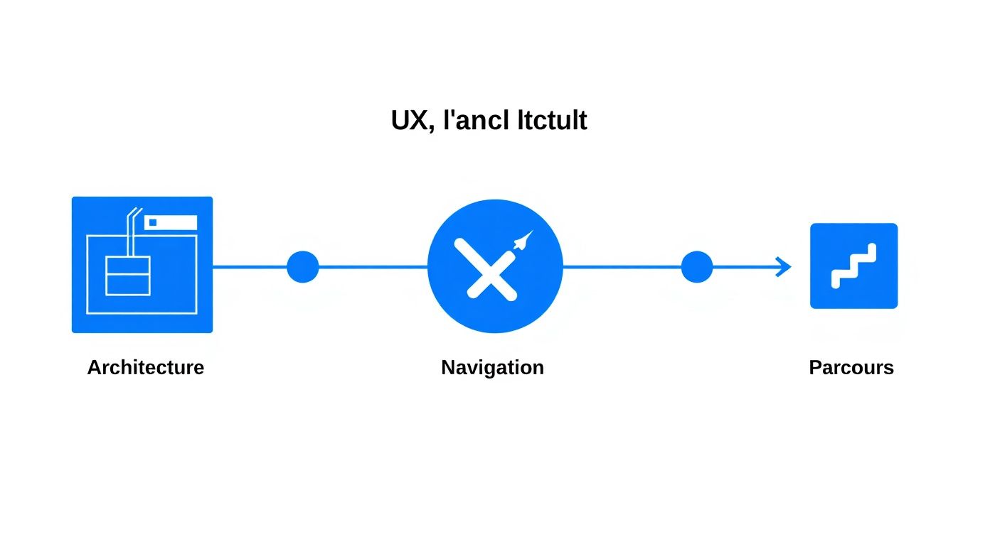 Schéma illustrant les trois piliers de l'UX : architecture de l'information, navigation et parcours utilisateur