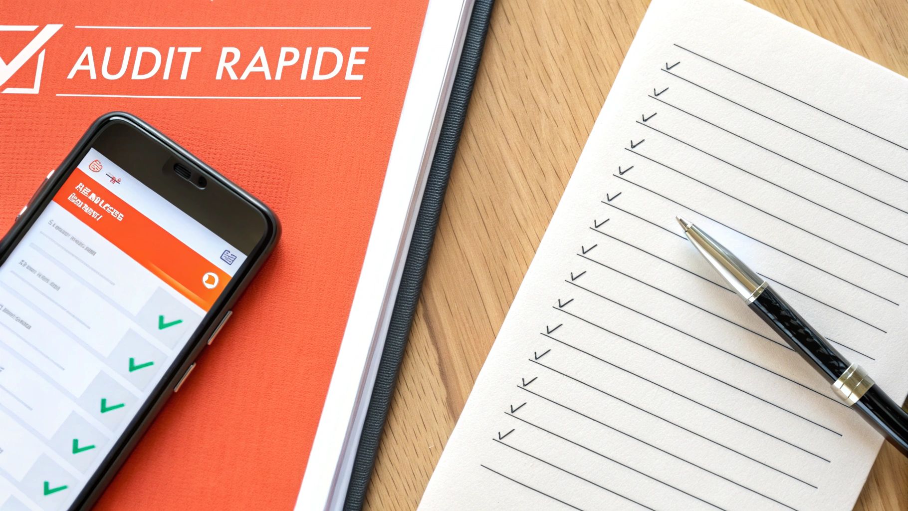 Audit rapide sur smartphone et liste de contrôle papier avec stylo pour organisation professionnelle