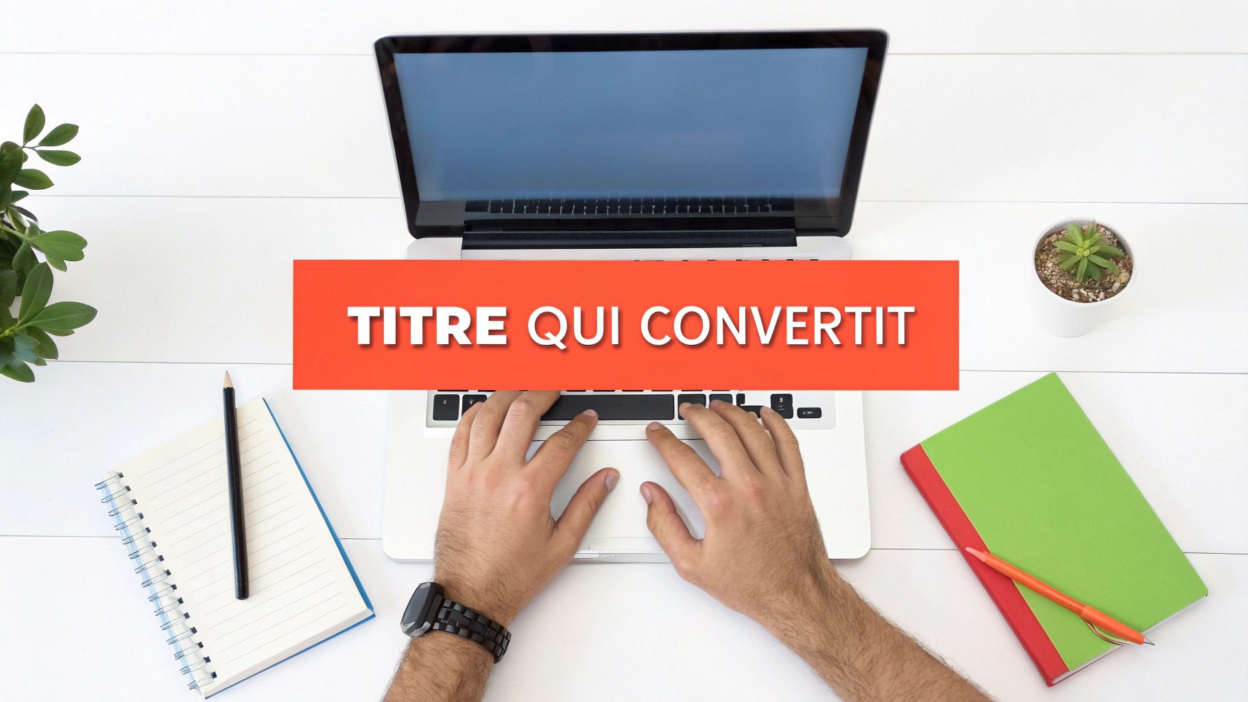 Homme tapant sur ordinateur portable avec bannière rouge indiquant titre qui convertit pour page de destination