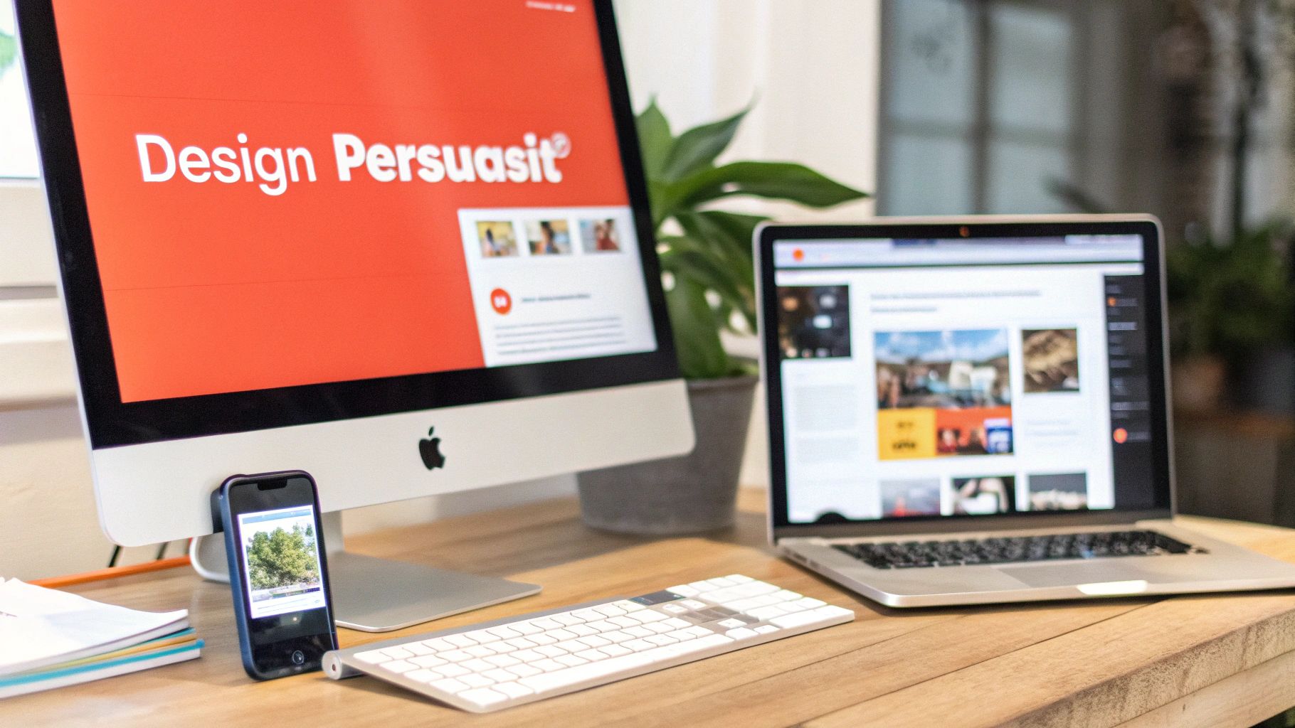 Espace de travail moderne avec ordinateurs affichant des présentations sur le design persuasif et des pages web