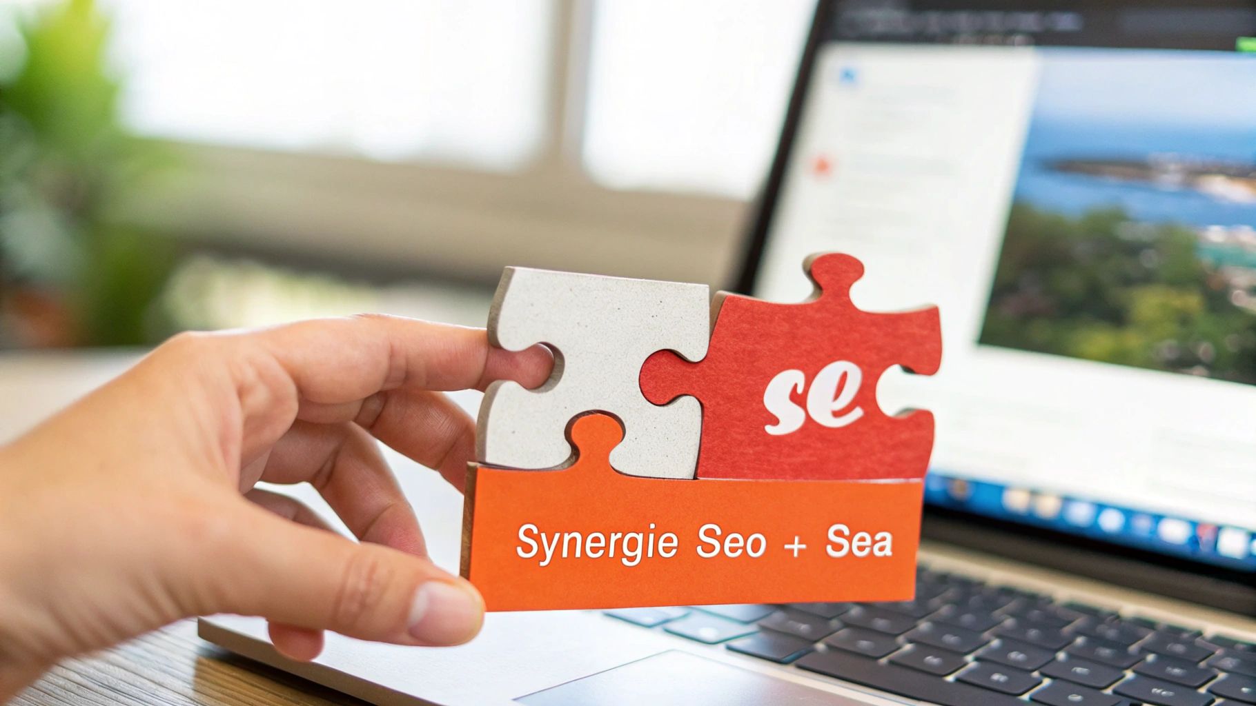 Main tenant des pièces de puzzle SEO et SEA symbolisant la synergie entre ces stratégies marketing digital
