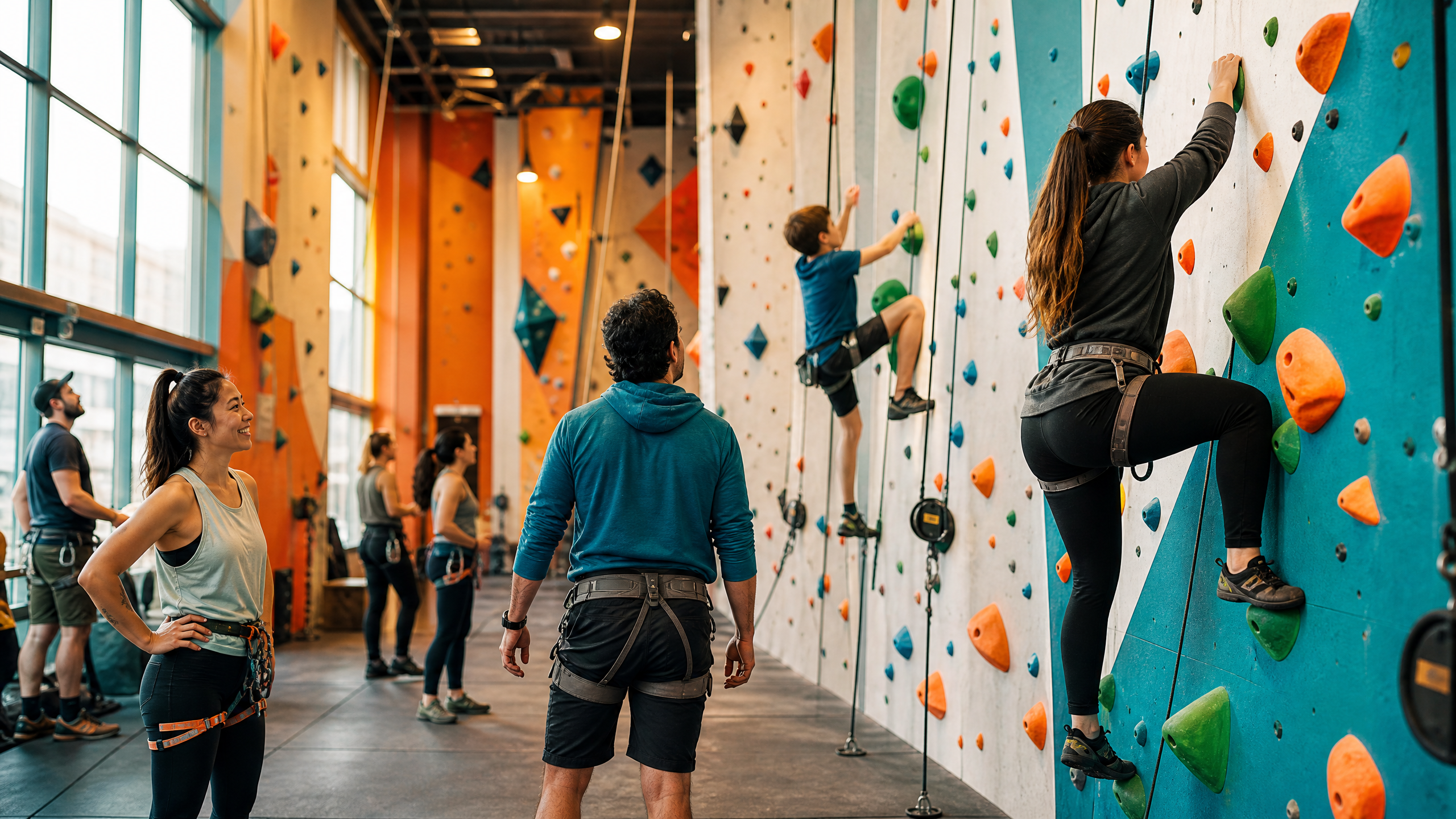 A group of adults and a teenager climbing on colourful auto-belay walls at an indoor climbing gym, representing a regular weekly climbing routine at Hangdog Climbing Gym in Wollongong.