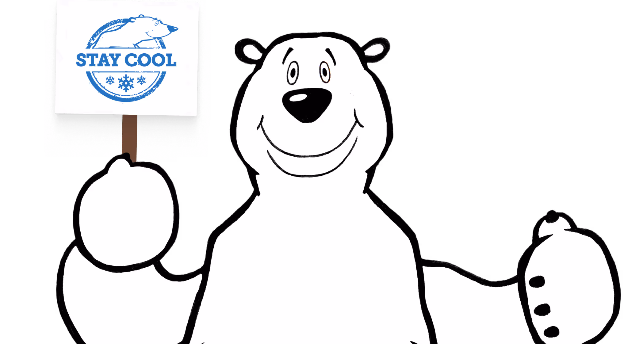 A polar bear holding a sign that says stay cool and carry on.
