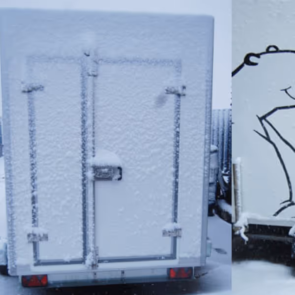 Two pictures of a truck with a drawing of a dog on the back of it.