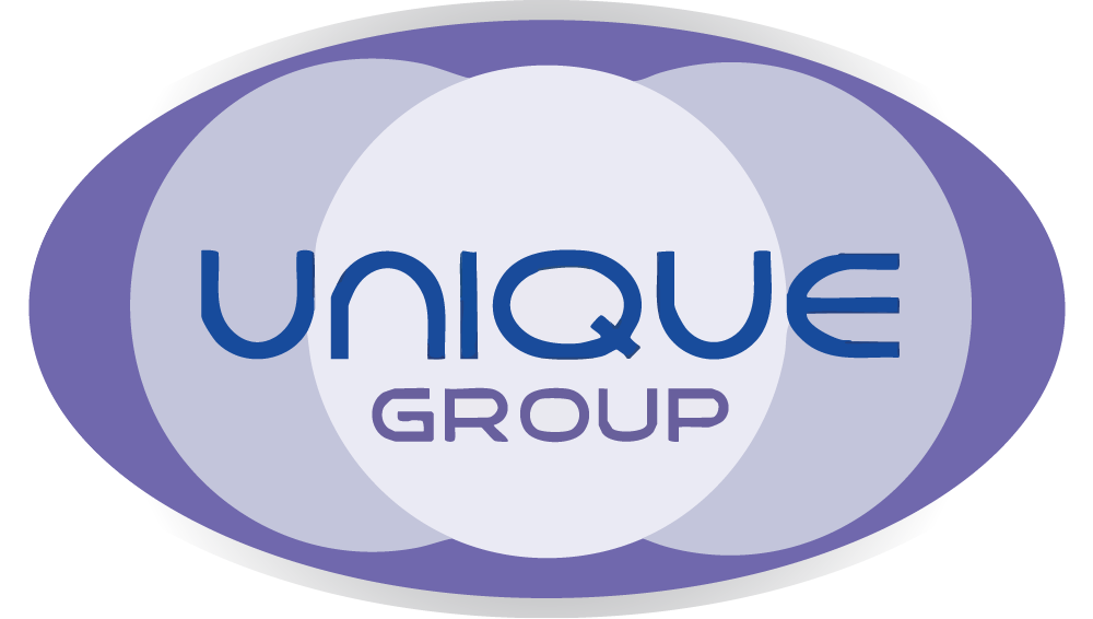 Logo with the words 'Unique Group' inside overlapping purple and white oval shapes.