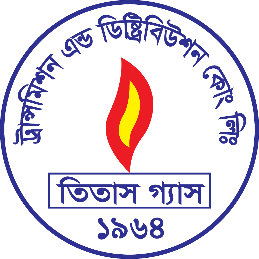 Logo of Titas Gas featuring a red and yellow flame inside a blue circular border with text in Bengali and the year 1964.