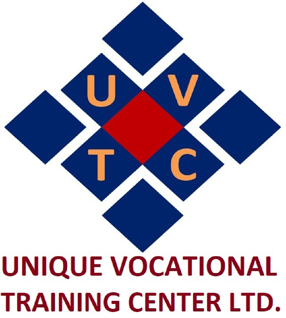 Logo with dark blue and red diamond shapes arranged in a cross pattern, featuring letters U, V, T, and C, and text below reading Unique Vocational Training Center Ltd.