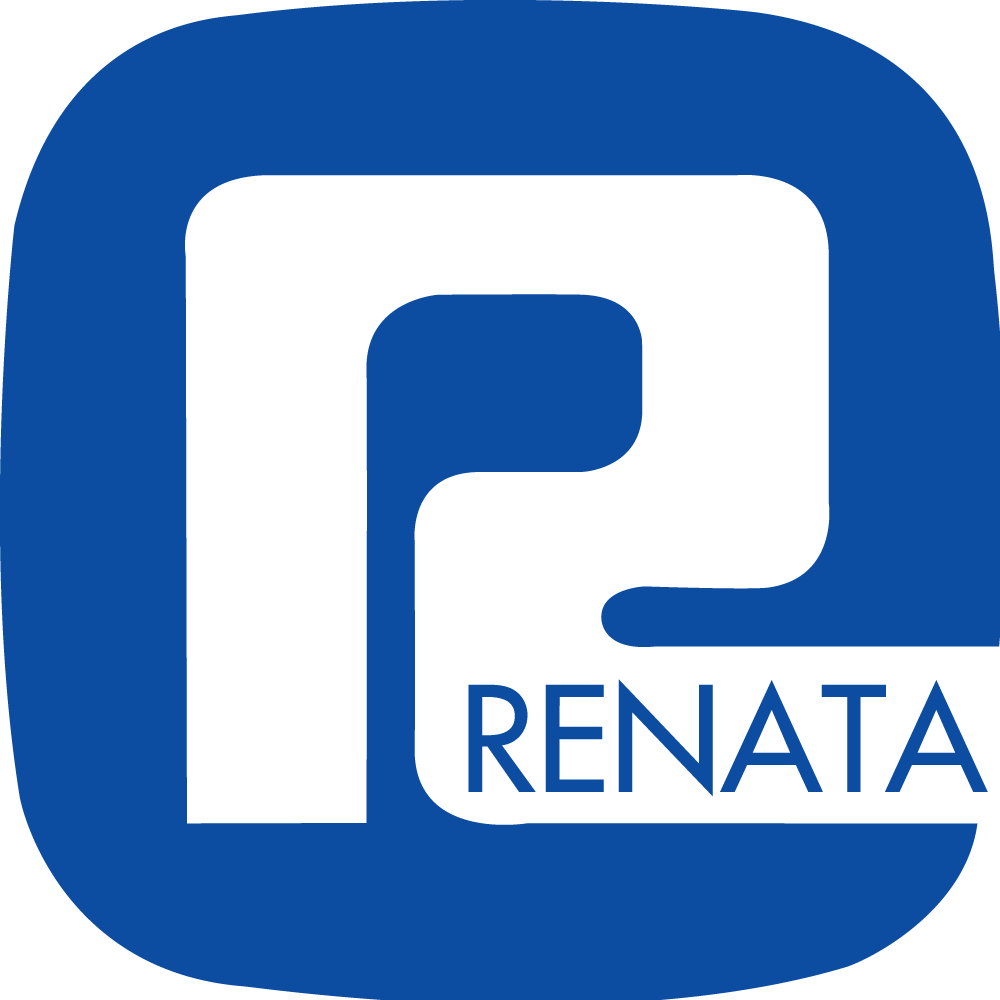 Blue and white stylized logo with the text RENATA.