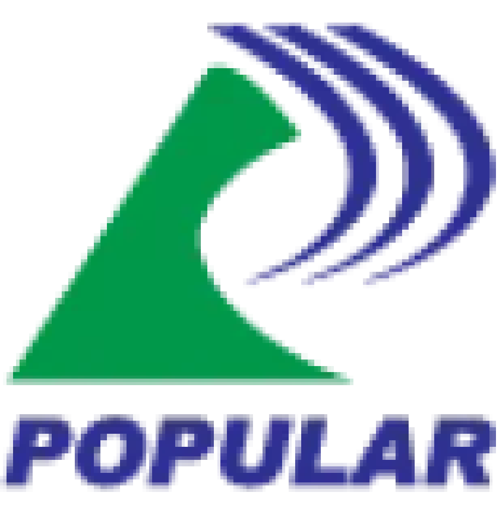 Green curved shape with three blue curved lines above and the word Popular in bold blue text below.