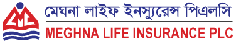 Meghna Life Insurance PLC logo with Bengali and English text and a red and blue emblem.