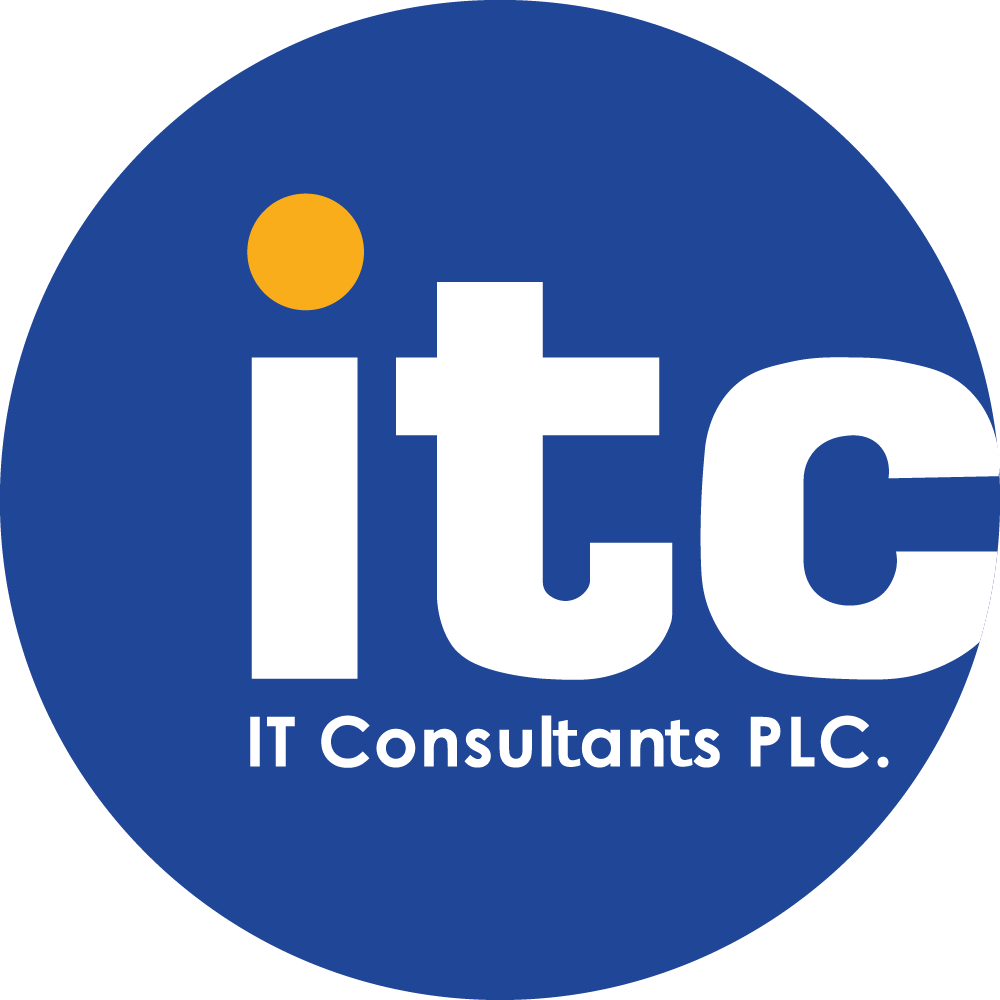 Logo of IT Consultants PLC with white lowercase letters 'itc' on a blue circular background and an orange dot above the letter 'i'.