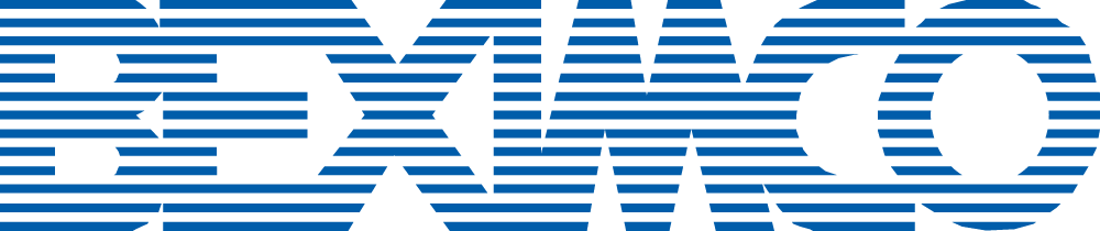 Blue horizontal stripes forming the word BEXIMCO with a circular design at the end.