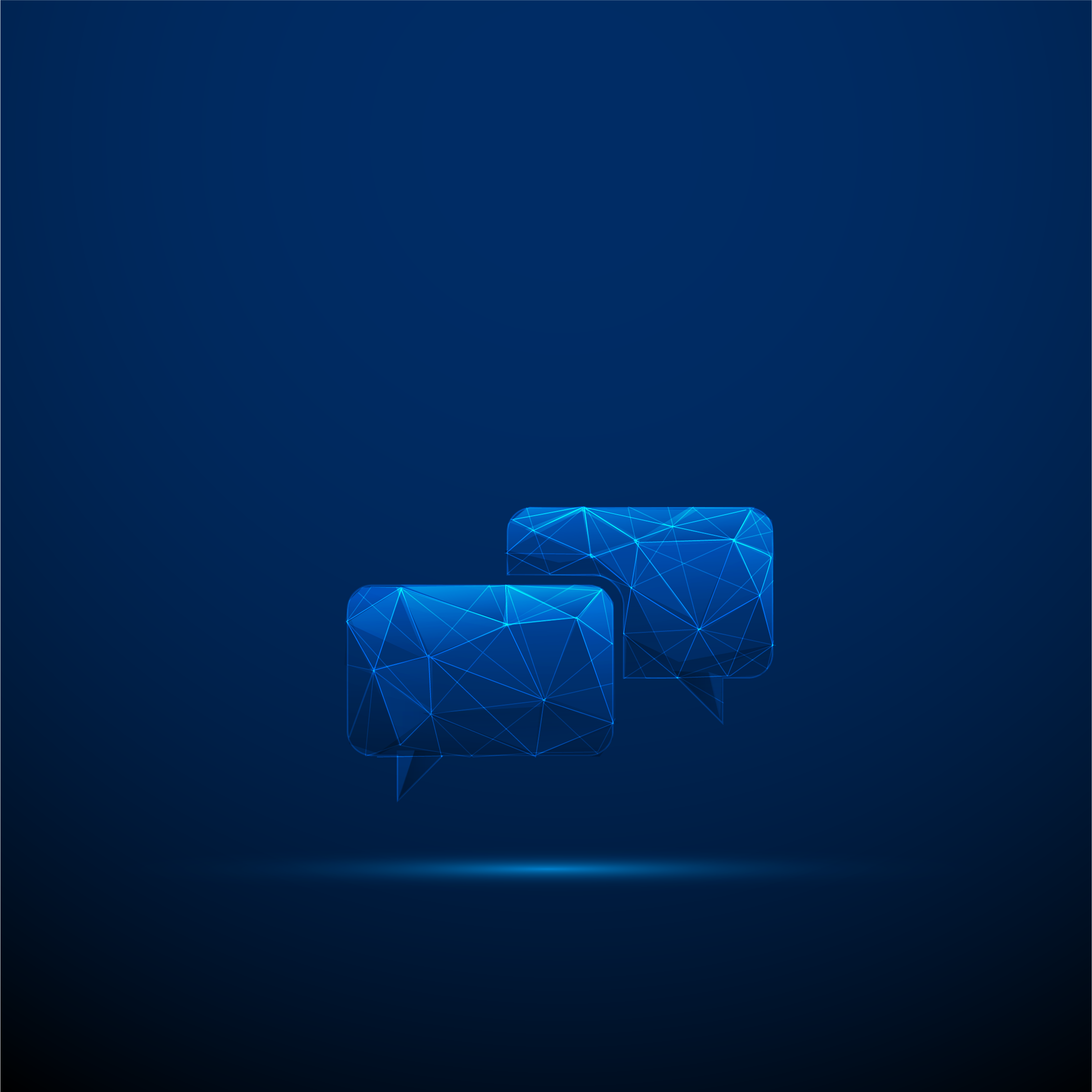Two blue digital chat bubbles made of connected glowing lines on a dark blue background.