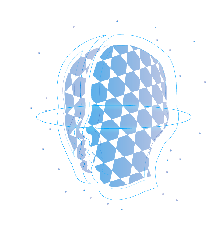 Three overlapping blue translucent human head profiles with a diamond pattern inside, surrounded by small dots and a horizontal ring around the center.