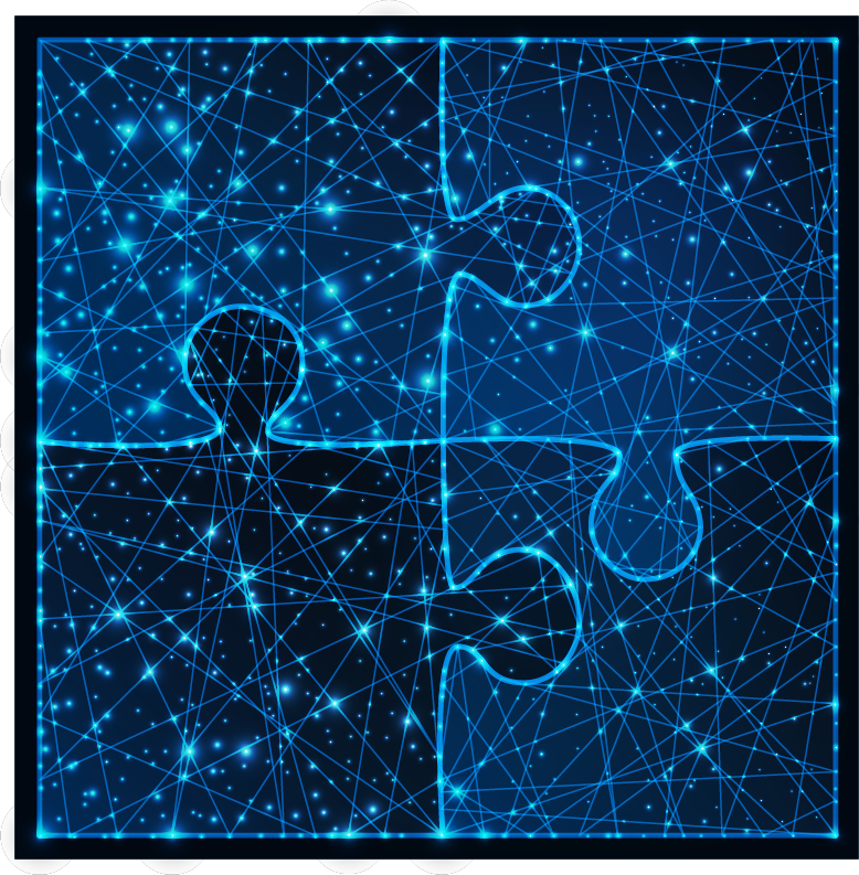 Four interconnected glowing blue puzzle pieces with a network of light points and lines on a dark background.