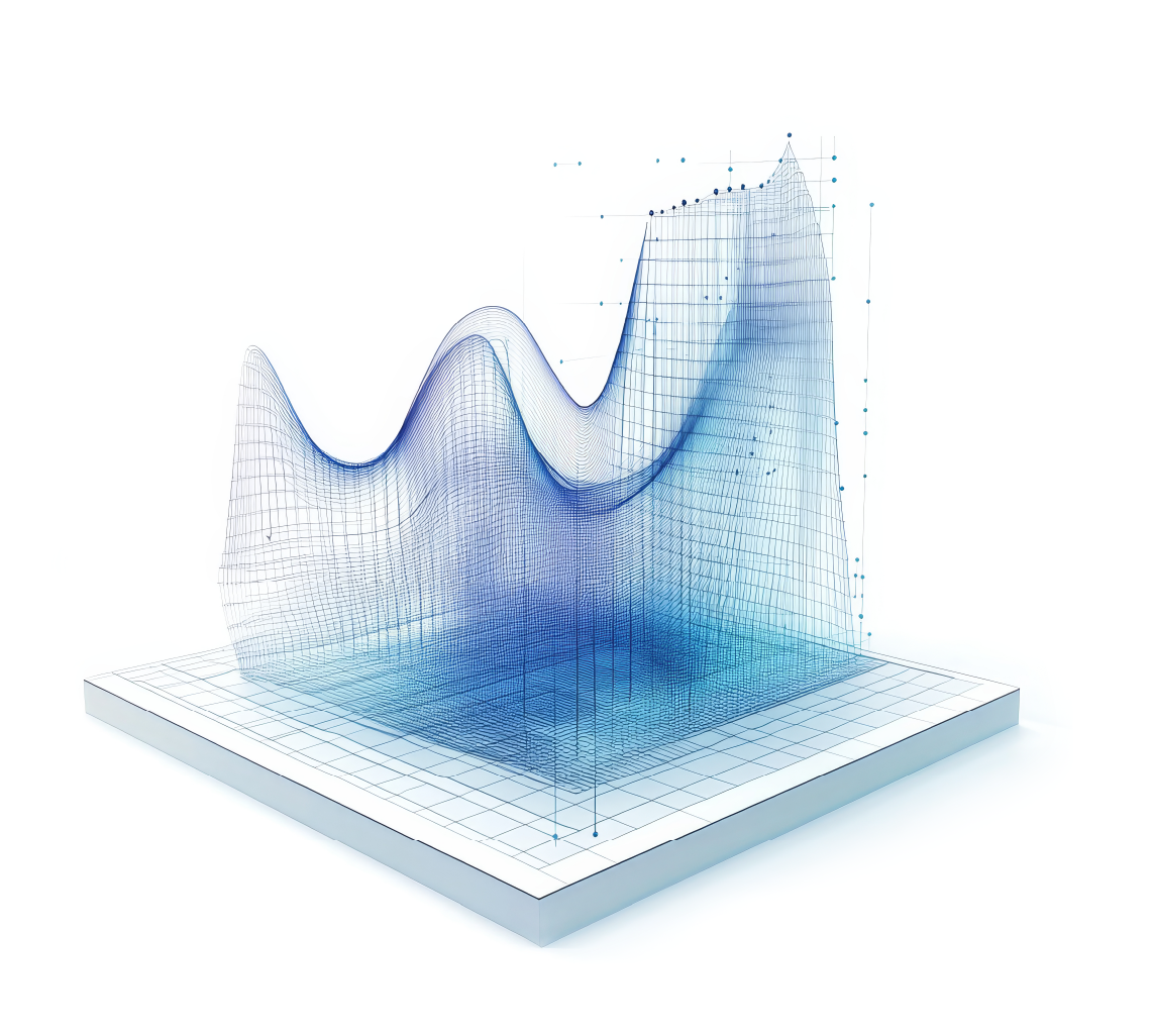 3D wireframe graph with blue gradient peaks and data points on a grid base.