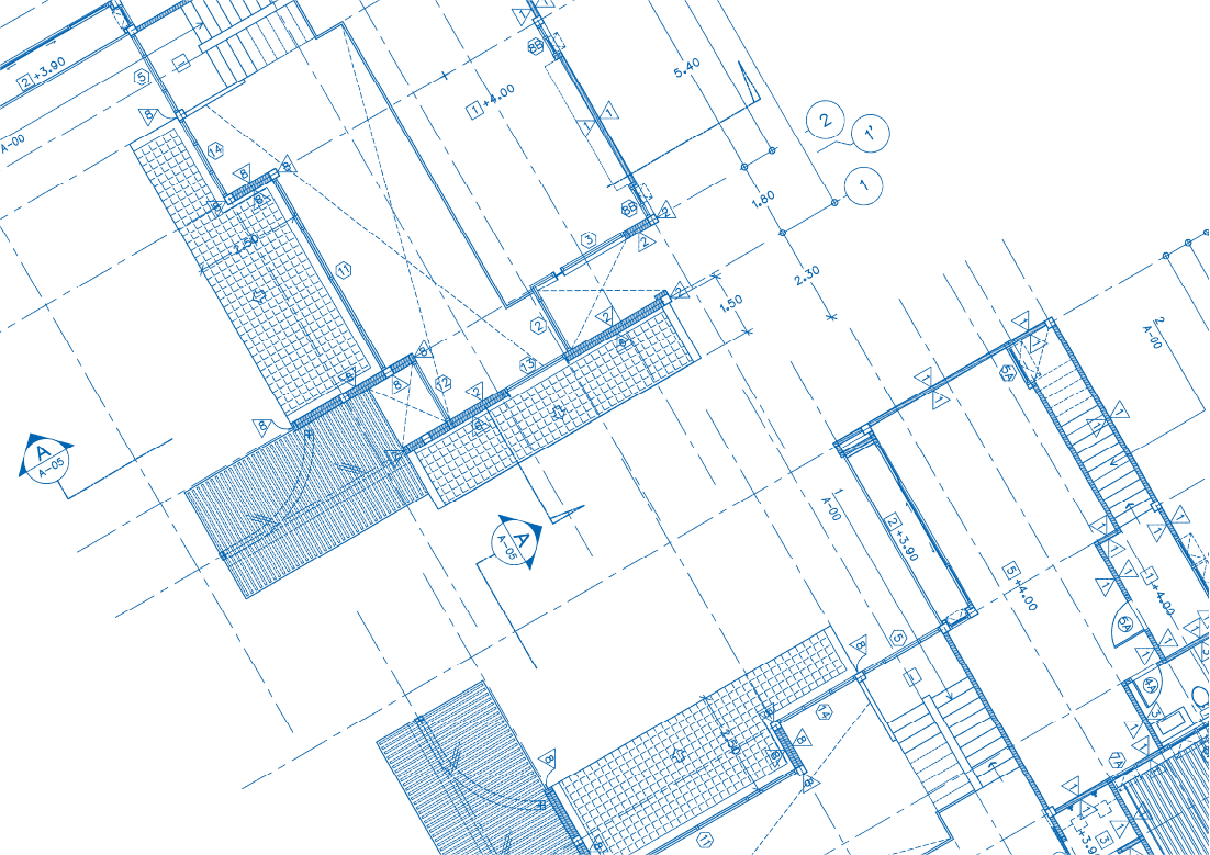 Detailed architectural blueprint showing building floor plans with measurements, staircases, and structural elements in blue lines on white background.