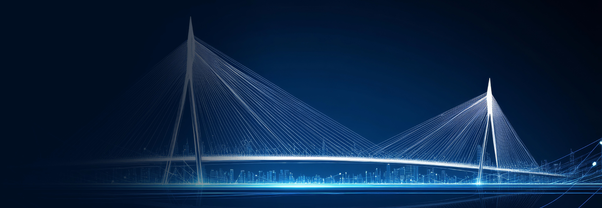 Digital illustration of a futuristic cable-stayed bridge illuminated in blue light with a city skyline in the background.