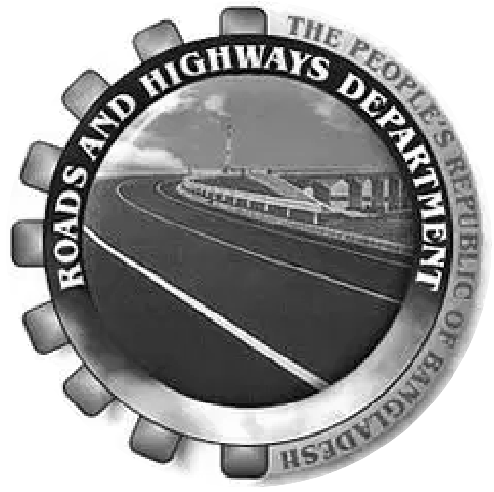 Seal with a highway curve, overpass, and streetlight encircled by gear teeth; text reads 'Roads and Highways Department The People's Republic of Bangladesh'.