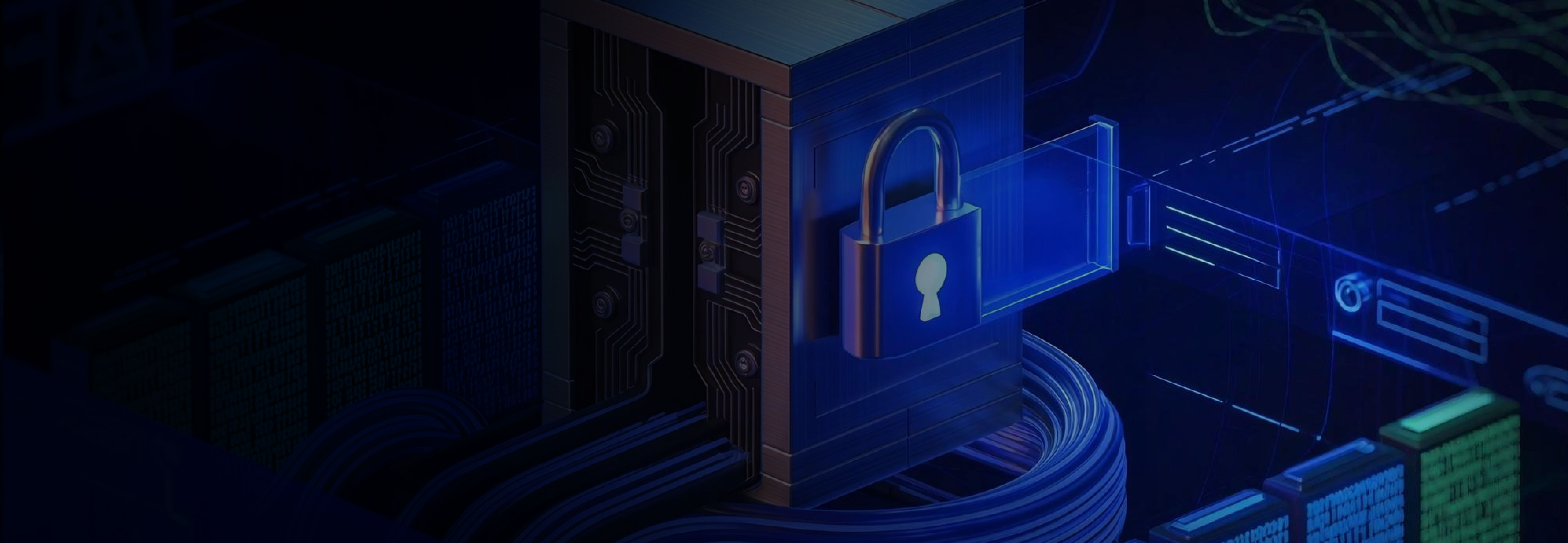Digital illustration of a padlock symbolizing cybersecurity, attached to a circuit board with data and code elements in the background.