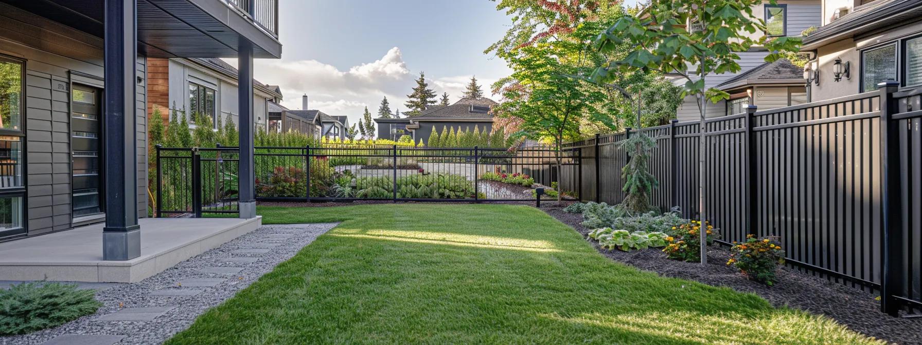 a stylish urban backyard showcases a range of residential fencing options, highlighting the elegant curves of wrought iron alongside the sleek lines of modern metal and vinyl fences, all set against a contemporary home design in a chic neighborhood.