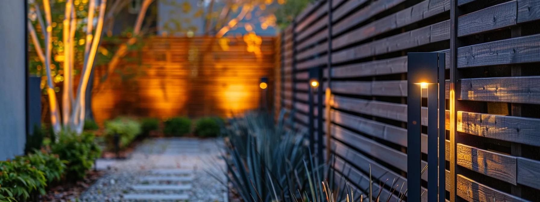 a modern residential backyard showcases an array of fencing materials prominently displayed, featuring elegant wood, sleek vinyl, and sturdy metal options, all lit by warm evening lights that emphasize their distinct textures and colors against an urban backdrop.