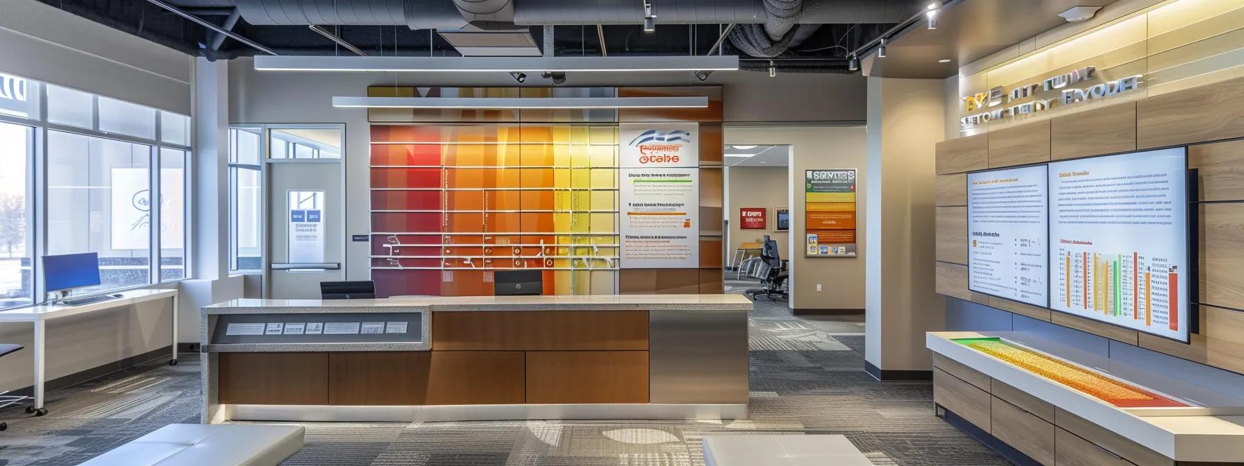 a modern, well-lit home improvement office features a large display table showcasing a colorful comparison chart of various residential fencing materials, each section prominently highlighting key features and benefits for homeowners.